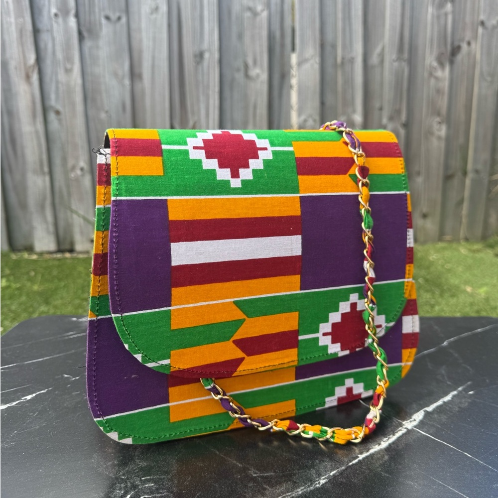 Green and Yellow Crossbody Bag with African-Inspired Kente Pattern